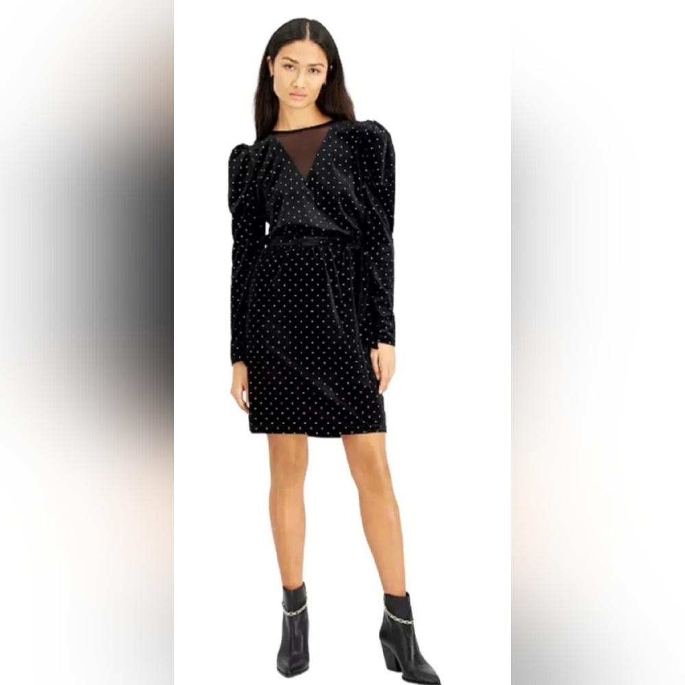 INC Black dot print velvet puff sleeve dress size Large NWT